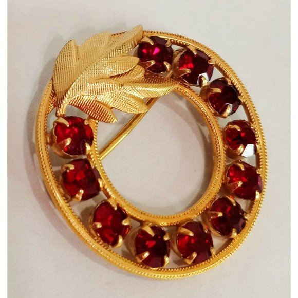 DCE Round Leaves Red Stones Gold Tone 1/20 14 KT GF Vintage Brooch Pin 1" - Picture 8 of 9
